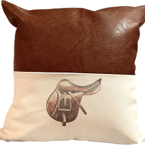 Boho Collection Cognac Leather white canvas pillow with equestrian motif saddle - Picture 1 of 1